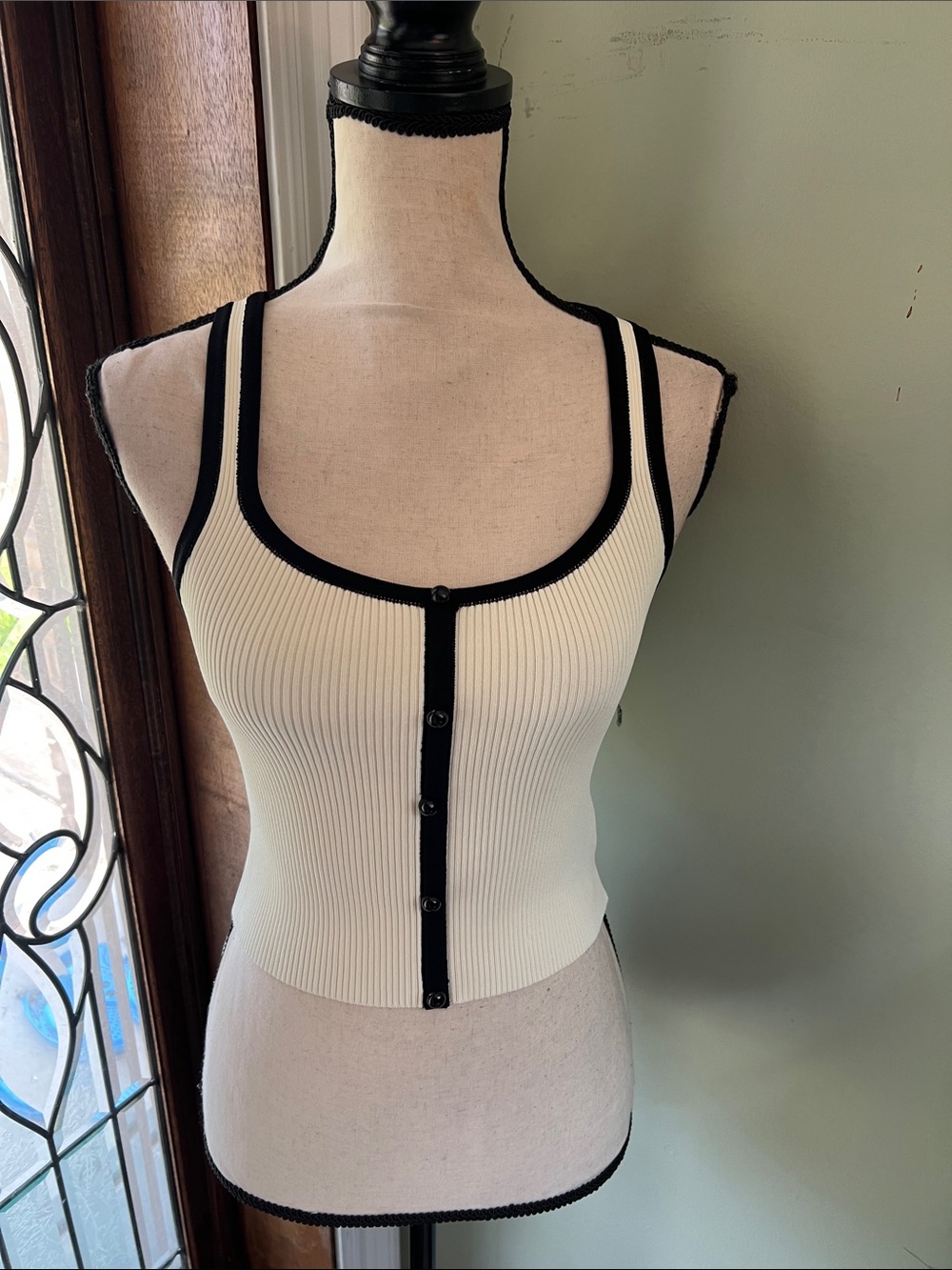 debut Cream Ribbed Crop Tank with Black Trim